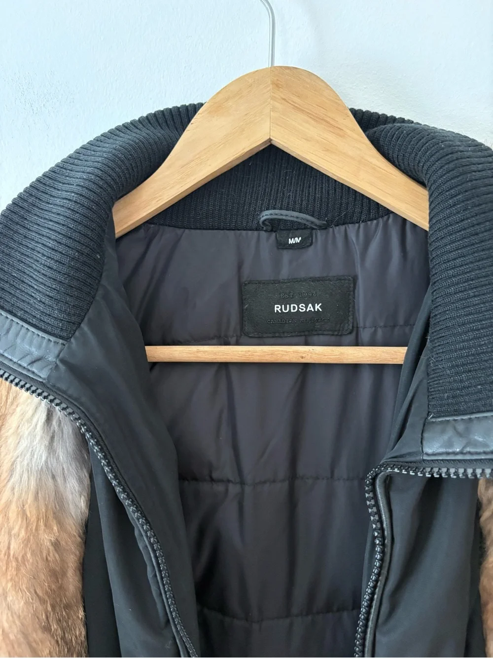 RUDSAK Black Down Fur Trimmed Midi Parka Leather Sleeves Size Medium Luxury Chic - Picture 8 of 16